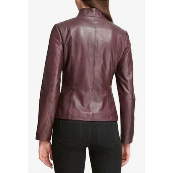 DKNY Womens Ruffle-Front Lambskin Bordeaux Leather Jacket Small Brown FA EXC - Picture 2 of 12